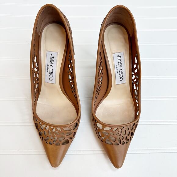 Jimmy Choo Romy 100 Brown Laser Cut Leather Pumps Heels Perforated Canyon 37 - Picture 14 of 14